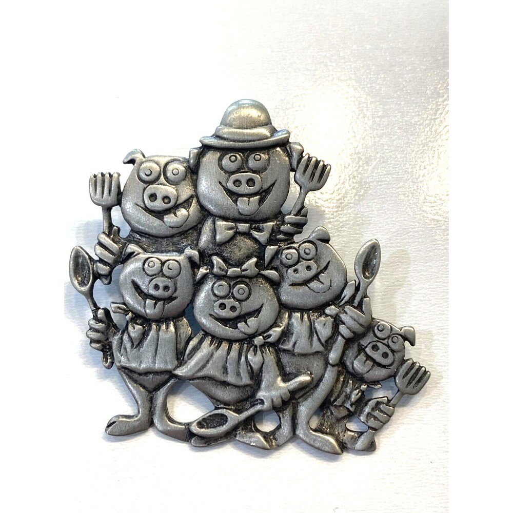 Vintage Signed JJ Jonette Pig Hog Family Pin Brooch